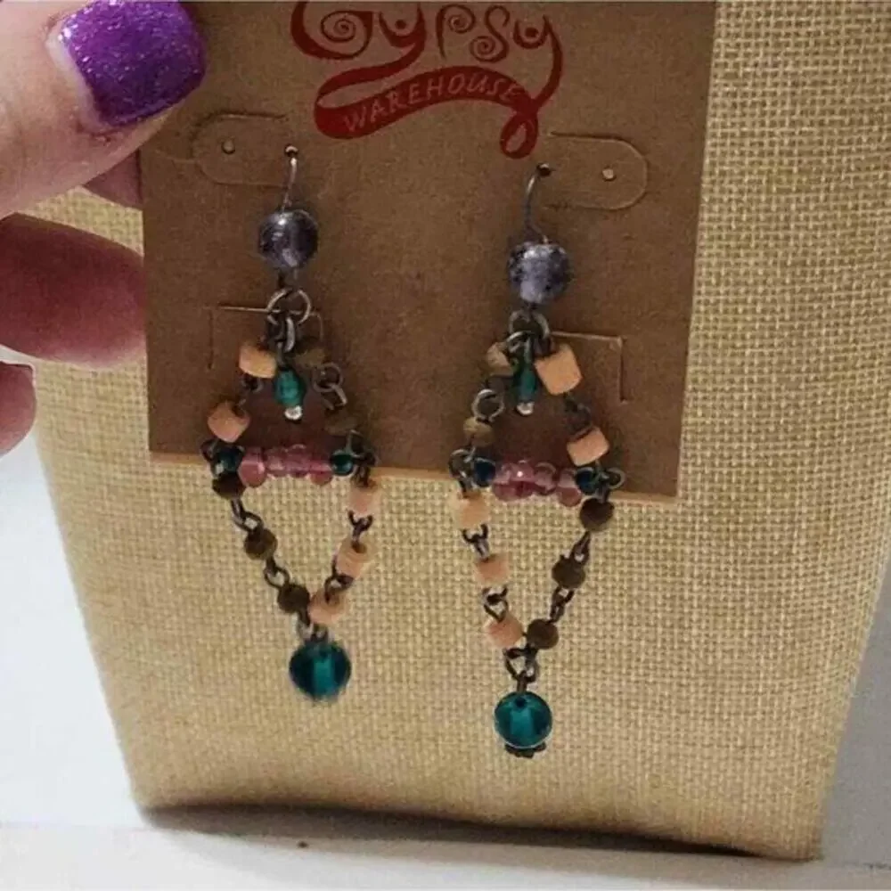 Treska Gypsy Beaded Chandelier Earrings Teal Pink Boho Drop Geometric NWT‎